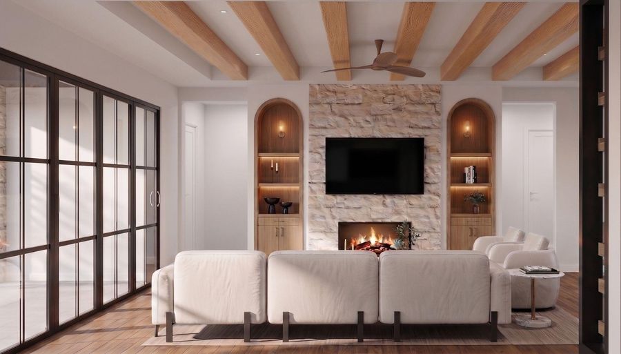 Living room interior with wood beam ceiling
